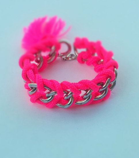 Pink chain bracelet / cord and chain bracelet / chain bracelet / neon pink cord / chunky bracelet / arm candy / stacking bracelet / bff