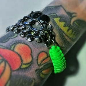 Neon green macrame/chains/rhinestone bracelet / slip on / chunky bracelet / fasion statement / arm candy / bling bracelet - Thumbnail 1