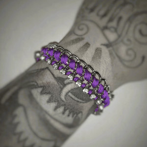 Double chain rhinestone wrap bracelet / chains and purple cord / bling / arm candy / fashionista / fasionable bracelet / stacking bracelet - Thumbnail 1