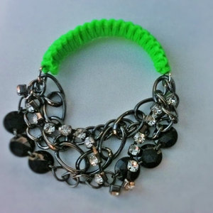 Neon green macrame/chains/rhinestone bracelet / slip on / chunky bracelet / fasion statement / arm candy / bling bracelet - Thumbnail 2