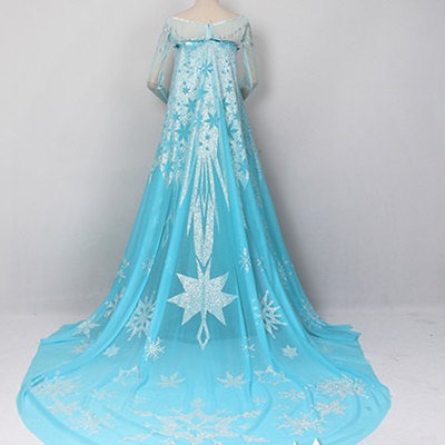 Cl8, big frozen adult size elsa cape 2 meters wide frozen silver glitter snowflake light blue shiny sheer mesh - Thumbnail 1