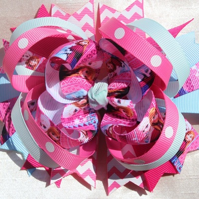 Pink chevron frozen boutique hair bow clip - Thumbnail 4