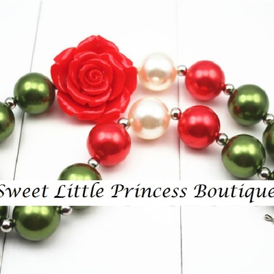 Christmas chunky beaded necklace with flower - Thumbnail 3