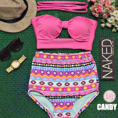 Candy - retro vintage pin up handmade pink tribal aztec cut out bandeau high waist bikini swimsuit swimwear