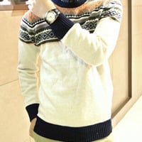 New Fashion Korean Style Round Neck Men Sweater 919SJ-K307F88-91-White - Thumbnail 1