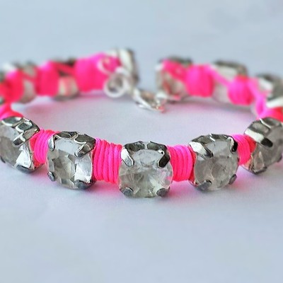 Stacking bracelet / rhinestone wrapped bracelet / bff / pink macrame / rhinestone bracelet / bling bracelet / big rhinestones / cute / neon