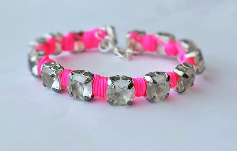 Stacking bracelet / rhinestone wrapped bracelet / Bff / Pink macrame / Rhinestone bracelet / Bling bracelet / Big rhinestones / Cute / neon