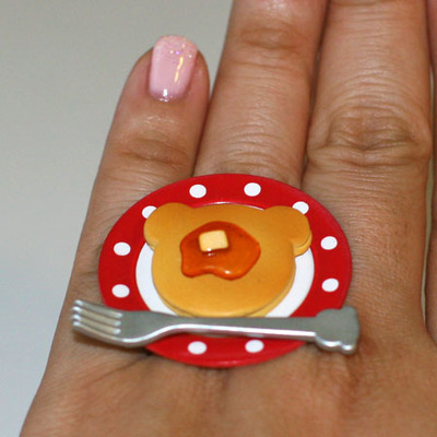 Kawaii cute japanese miniature food ring - bear shaped pancake with syrup