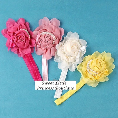 Babies cute lovely chiffon rose pearl chain bowknot elastic headband hairband - Thumbnail 2