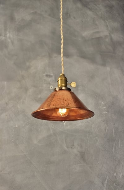 Industrial Pendant Lamp w/ Weathered Copper Lamp Shade - Vintage Factory Light