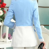 New Fashion Cotton Plain Womens Casual Suit Jackets FLA1131-A-6018-53-Blue - Thumbnail 2