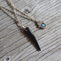 Layer Necklace, Hamsa and Black Horn Necklace, Two Chains, Fatima Hand Necklace, Protection Necklace - Thumbnail 2