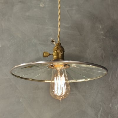 Industrial pendant lamp w/ flat mirror reflector shade (steel) - vintage factory light