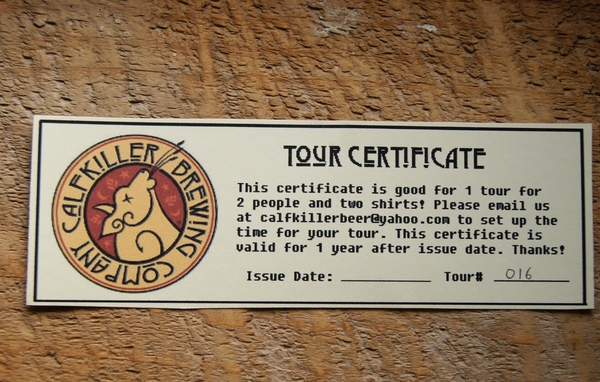 Calfkiller Brewing Company Tour Certificate 