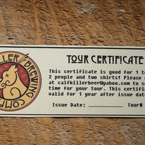 Calfkiller Brewing Company Tour Certificate 