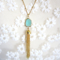 Tassel necklace with mint jewel, Everly - Thumbnail 1