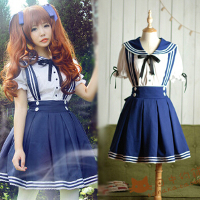 Japanese kawaii sailor straps skirt+shirt two-piece