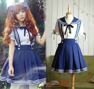 Japanese kawaii sailor straps skirt+shirt two-piece