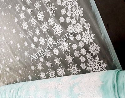 mat2 white snow Frozen Inspired Elsa green mesh fabric with white snowflake printing 138CM Wide
