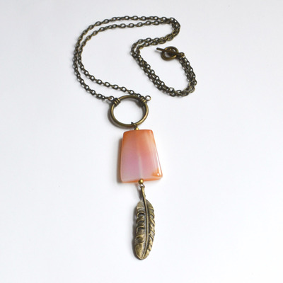 Long necklace, feather necklace, long bohemian style necklace,peach agate stone - Thumbnail 5