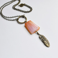 Long Necklace, Feather Necklace, Long Bohemian Style Necklace,Peach Agate Stone - Thumbnail 1