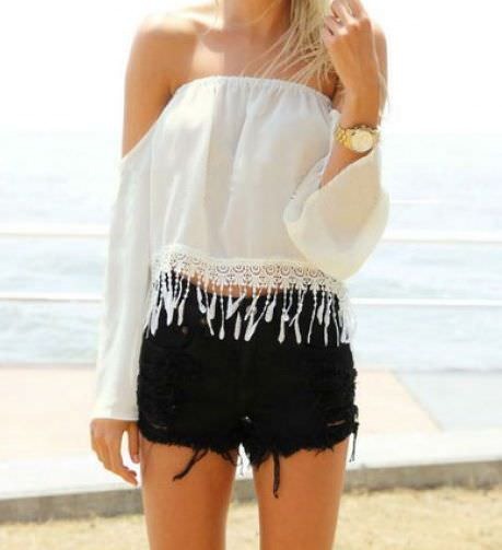 White Off Shoulder Lace Shirt Strapless Blouse Tops Long Sleeve