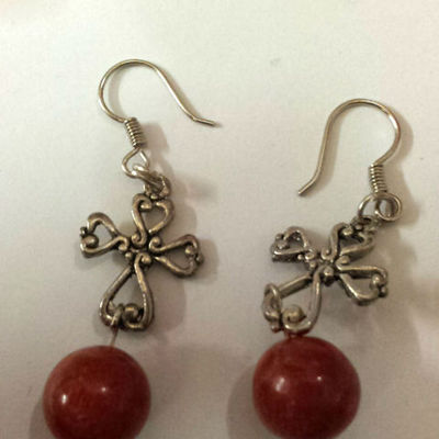 Natural red coral dangle with silver metal cross fashionable adorable earring
