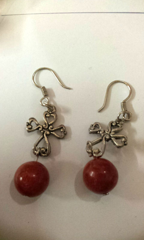 Natural RED CORAL Dangle with Silver Metal Cross Fashionable Adorable EARRING