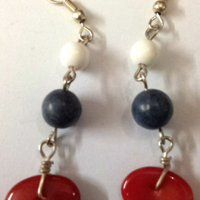 Natural red coral dangle with white & blue bead fashionable adorable earring
