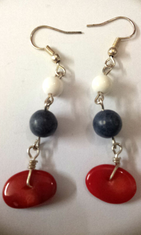 Natural RED CORAL Dangle with White & Blue Bead Fashionable Adorable EARRING