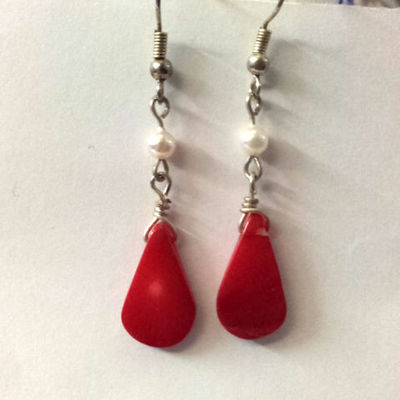 Natural red coral dangle with white pearl bead fashionable adorable earring