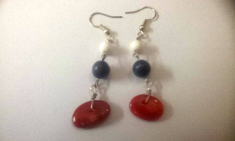 Natural RED CORAL w/ White & Black Bead Dangle Fashionable Silver Metal EARRING
