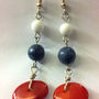 Natural RED CORAL w/ White & Black Bead Dangle Fashionable Silver Metal EARRING - Thumbnail 1