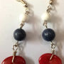 Natural RED CORAL w/ White & Black Bead Dangle Fashionable Silver Metal EARRING - Thumbnail 2