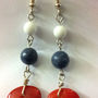 Natural RED CORAL w/ White & Black Bead Dangle Fashionable Silver Metal EARRING - Thumbnail 3