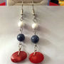 Natural RED CORAL w/ White & Black Bead Dangle Fashionable Silver Metal EARRING - Thumbnail 4