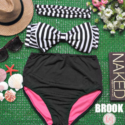 Brook - retro vintage pin up handmade black white stripes bow high waist bikini swimsuit swimwear