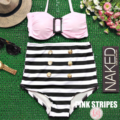 Pink stripes - retro vintage pin up handmade soft baby pink black white stripes high waist bikini swimsuit swimwear