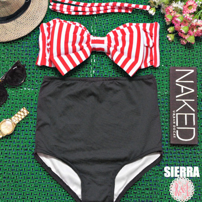 Sierra - retro vintage pin up handmade black red white stripes bow high waist bikini swimsuit swimwear
