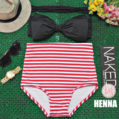 Henna - retro vintage pin up handmade black red white stripes bow high waist bikini swimsuit swimwear