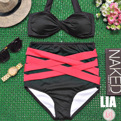 Lia - retro vintage pin up handmade black red strappy criss cross high waist bikini swimsuit swimwear