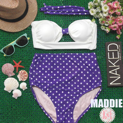 Maddie - retro vintage pin up handmade purple white polka dot cut out bandeau high waist bikini swimsuit swimwear