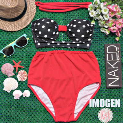 Imogen - retro vintage pin up handmade red black white polka dot cut out bandeau high waist bikini swimsuit swimwear