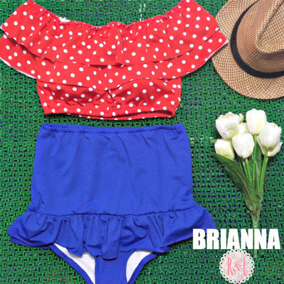 Brianna - retro vintage pin up handmade blue red white polka dot crop top peplum high waist bikini swimsuit swimwear