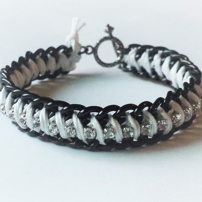 Double black chain rhinestone braided bracelet / black chains and white cord / arm candy / fashionista / fashionable bracelet / stacking bracelet