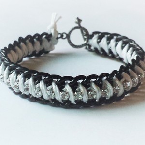 Double black chain rhinestone braided bracelet / black chains and white cord / arm candy / fashionista / fashionable bracelet / stacking bracelet