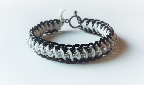 Double black chain rhinestone braided bracelet / black chains and white cord / arm candy / fashionista / fashionable bracelet / stacking bracelet