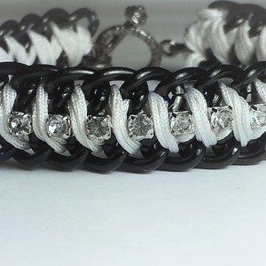 Double black chain rhinestone braided bracelet / black chains and white cord / arm candy / fashionista / fashionable bracelet / stacking bracelet - Thumbnail 4