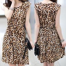 Sexy leopard swing mini dress crewneck tunic skater party sundress 
