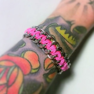 Double chain braided wrap bracelet / chain and pink cord / arm candy / fashionista bracelet / fashionable bracelet / stacking bracelet / bff - Thumbnail 3